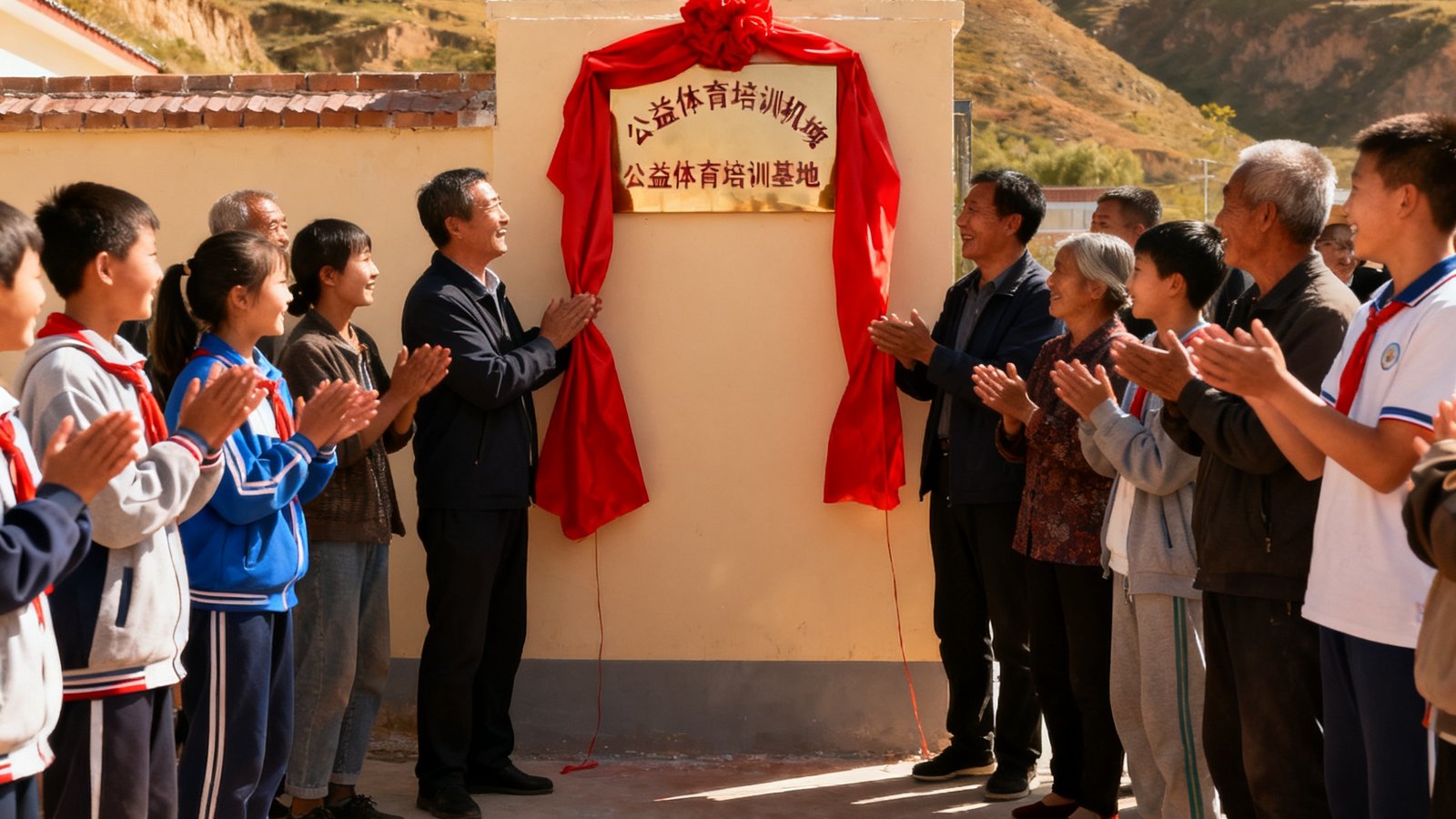 一处新建成的公益体育培训基地揭牌仪式现场，红绸揭开露出牌匾，当地学生和村民围在周围鼓掌欢呼，背景是连绵的山丘