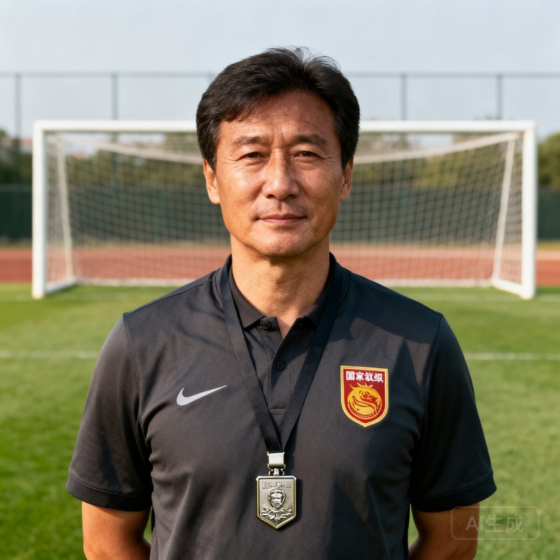 一位年约四十岁的男性足球教练肖像，身穿深色教练服，胸前佩戴国家级教练徽章，背景是训练场和足球门框，表情沉稳自信